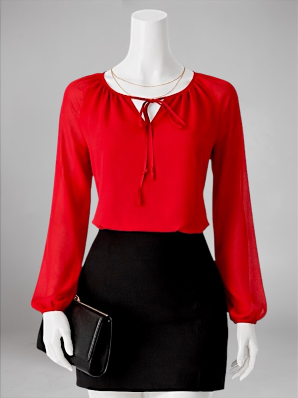 Red Tie-Neck Long Sleeve Women's Top